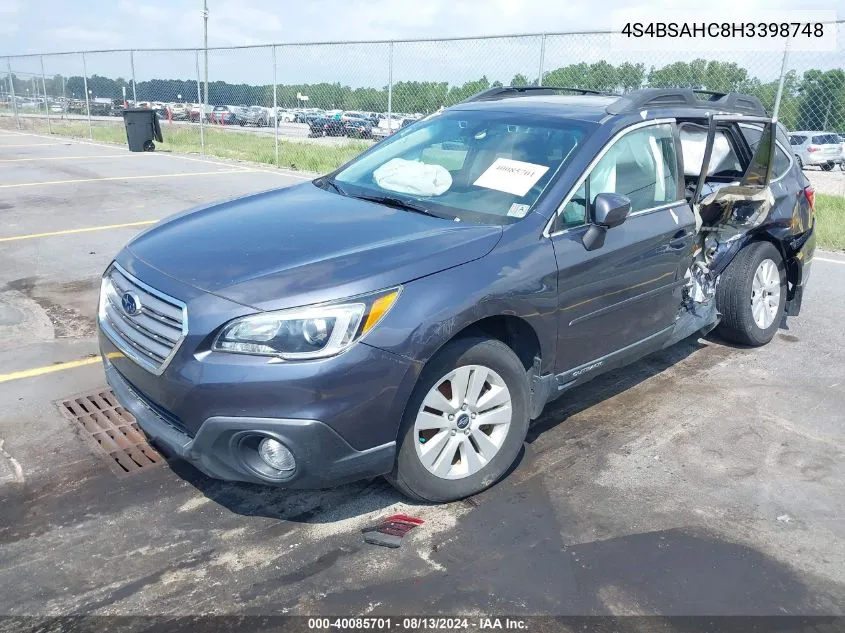 2017 Subaru Outback 2.5I Premium VIN: 4S4BSAHC8H3398748 Lot: 40085701