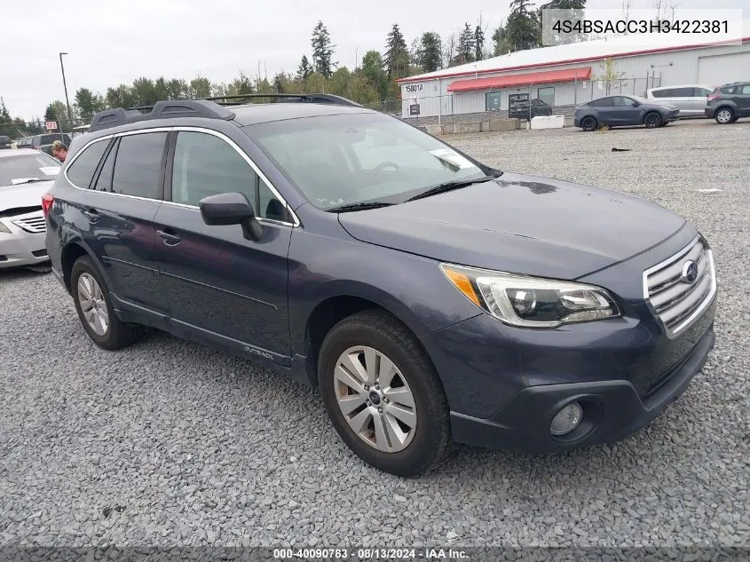 2017 Subaru Outback 2.5I Premium VIN: 4S4BSACC3H3422381 Lot: 40090783