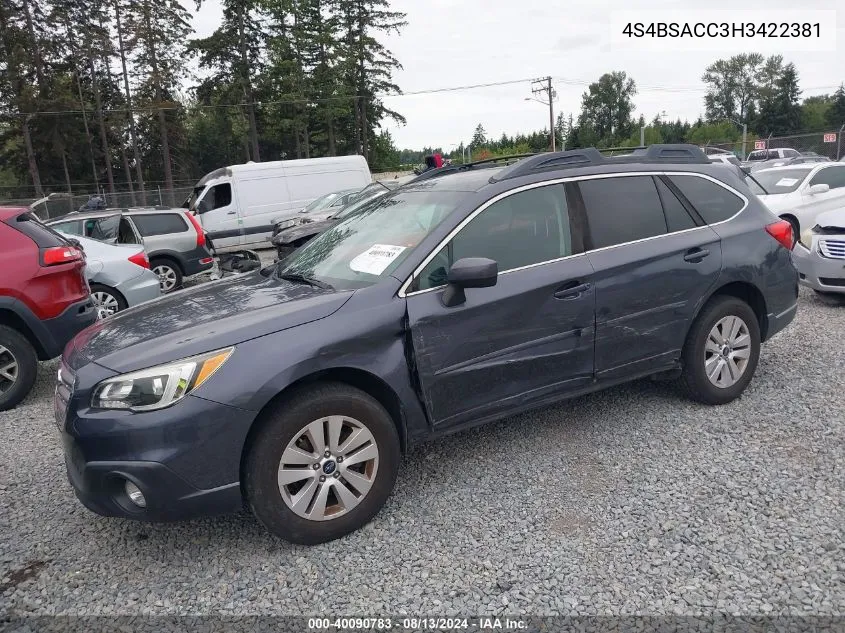 2017 Subaru Outback 2.5I Premium VIN: 4S4BSACC3H3422381 Lot: 40090783