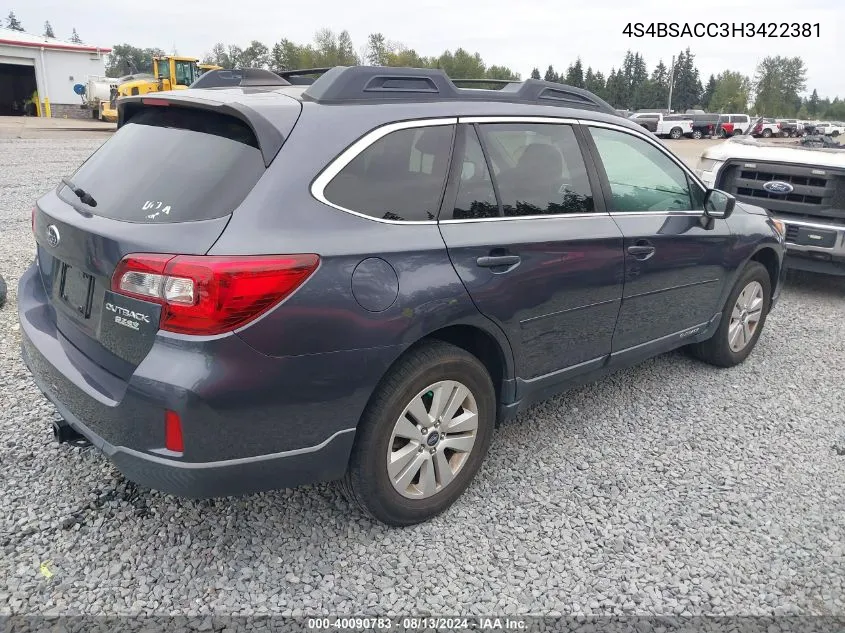 2017 Subaru Outback 2.5I Premium VIN: 4S4BSACC3H3422381 Lot: 40090783