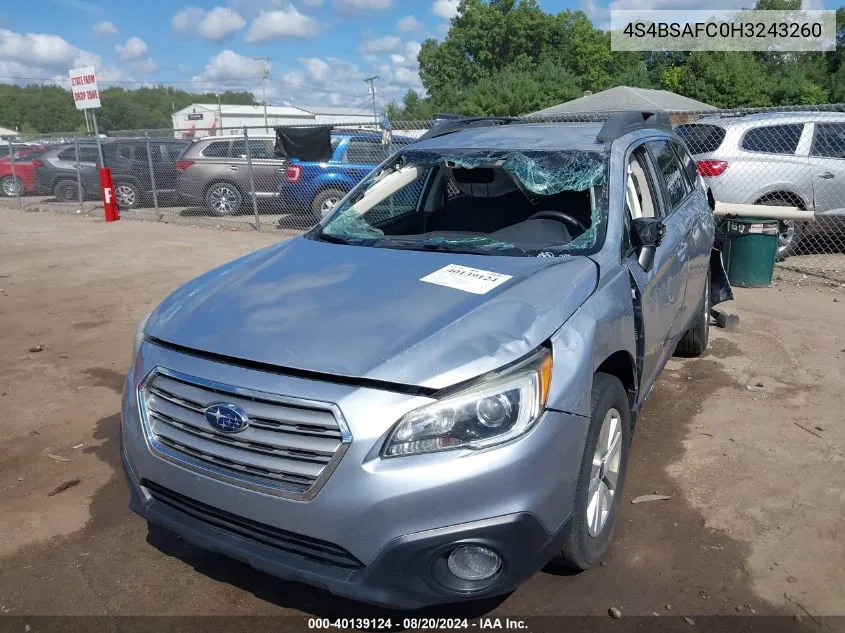 2017 Subaru Outback 2.5I Premium VIN: 4S4BSAFC0H3243260 Lot: 40139124