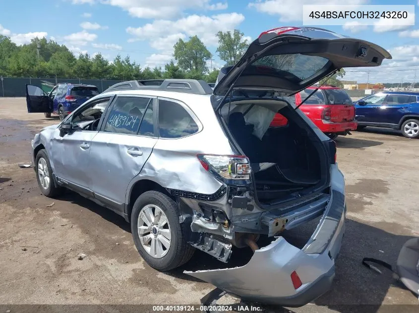 2017 Subaru Outback 2.5I Premium VIN: 4S4BSAFC0H3243260 Lot: 40139124