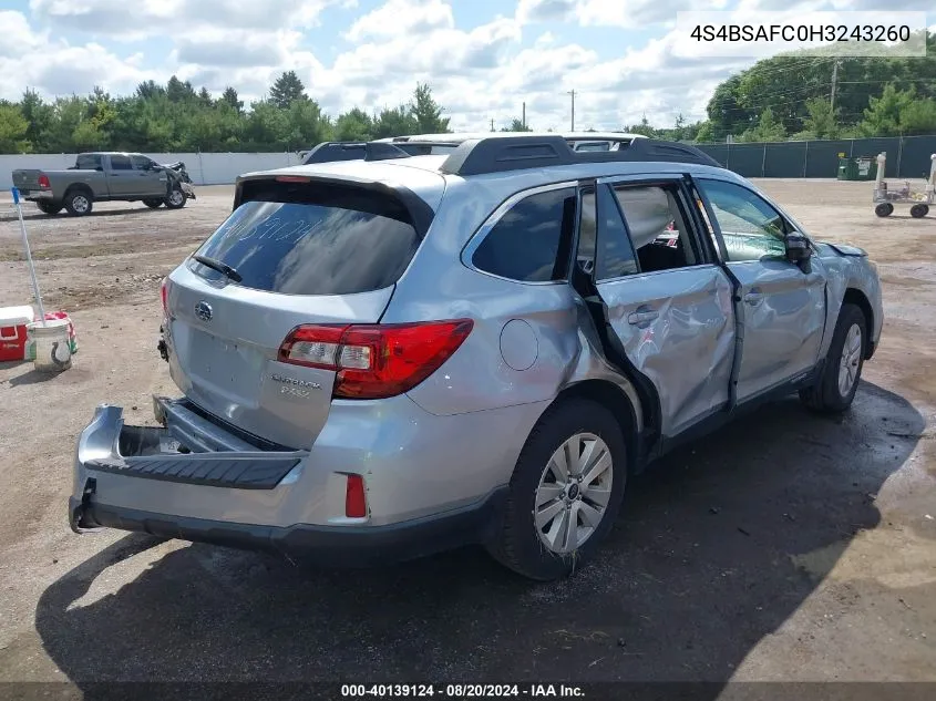 2017 Subaru Outback 2.5I Premium VIN: 4S4BSAFC0H3243260 Lot: 40139124