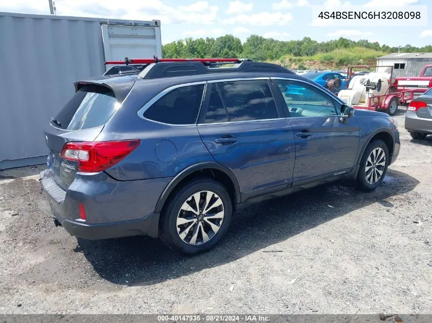 2017 Subaru Outback 3.6R Limited VIN: 4S4BSENC6H3208098 Lot: 40147935