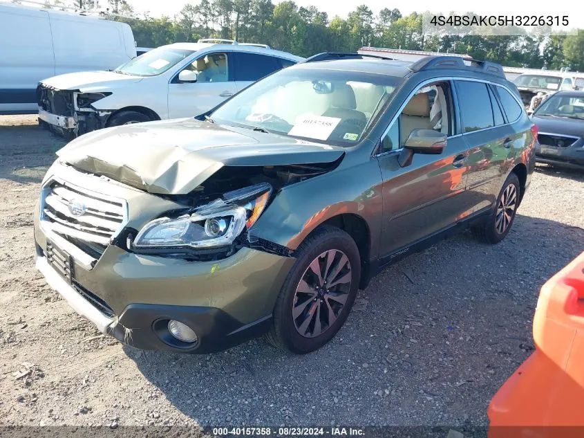 2017 Subaru Outback 2.5I Limited VIN: 4S4BSAKC5H3226315 Lot: 40157358