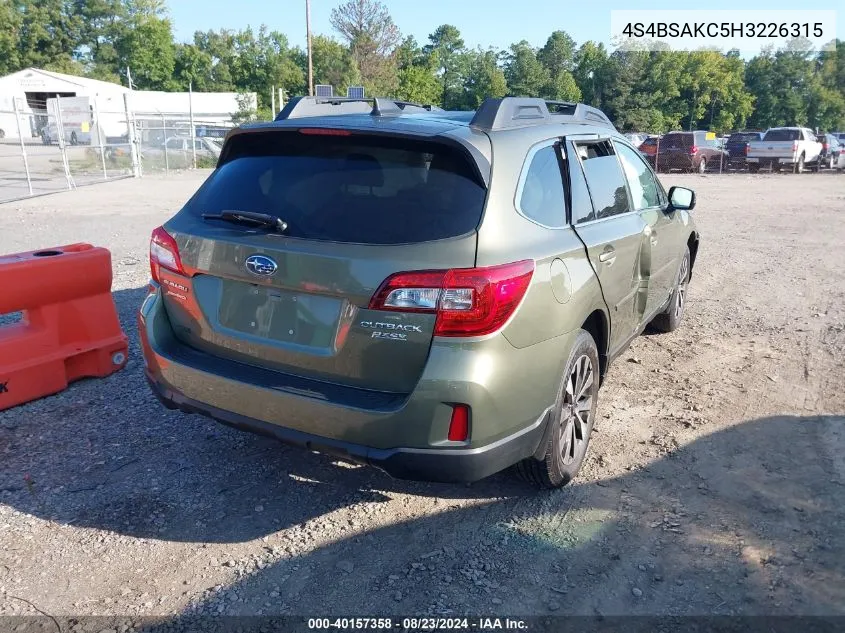 4S4BSAKC5H3226315 2017 Subaru Outback 2.5I Limited