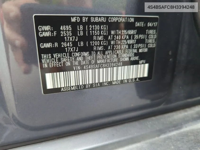 4S4BSAFC8H3394248 2017 Subaru Outback 2.5I Premium