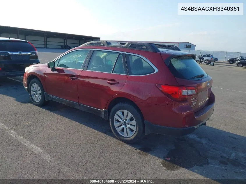 2017 Subaru Outback 2.5I VIN: 4S4BSAACXH3340361 Lot: 40184608