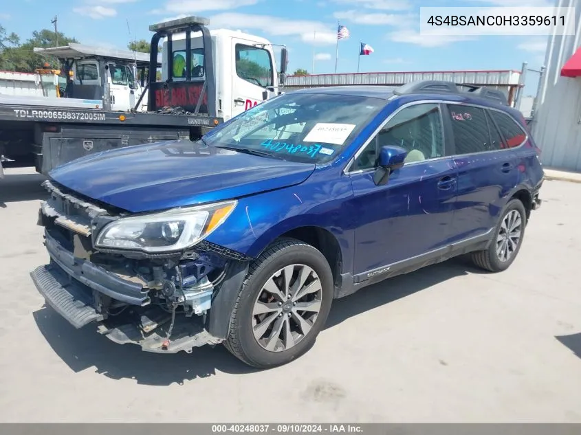 2017 Subaru Outback 2.5I Limited VIN: 4S4BSANC0H3359611 Lot: 40248037