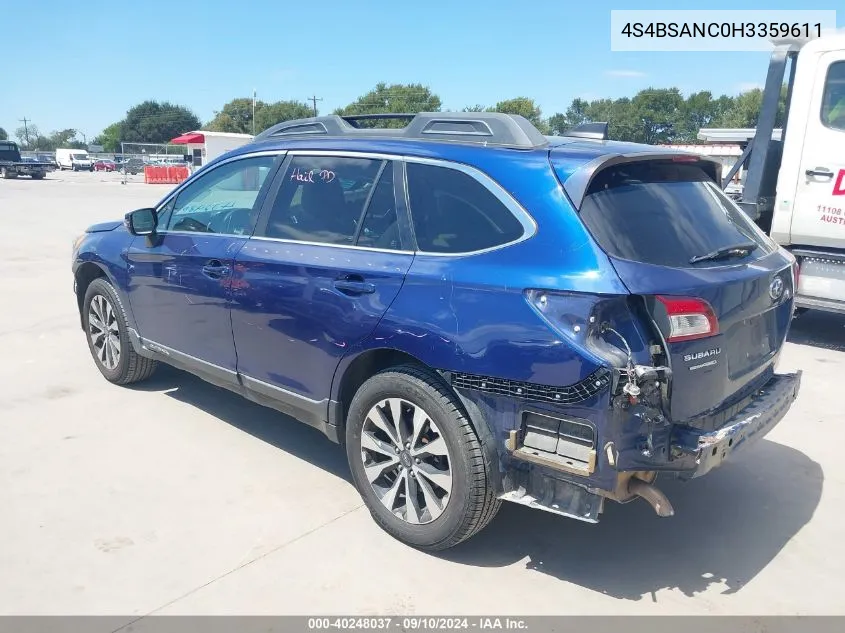 4S4BSANC0H3359611 2017 Subaru Outback 2.5I Limited