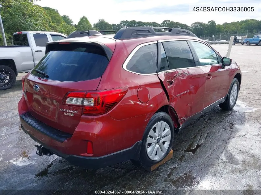 2017 Subaru Outback 2.5I Premium VIN: 4S4BSAFC0H3336005 Lot: 40264567