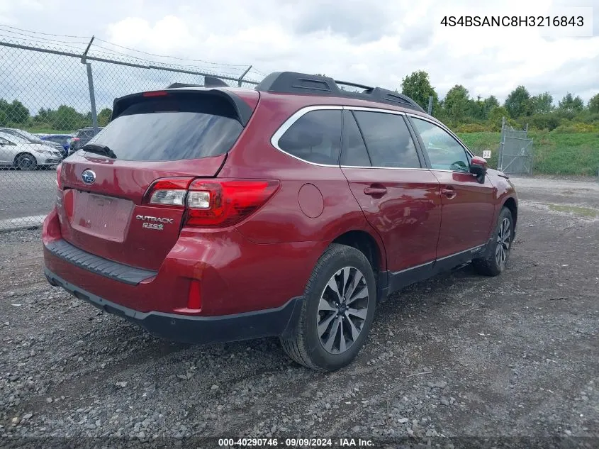 4S4BSANC8H3216843 2017 Subaru Outback 2.5I Limited