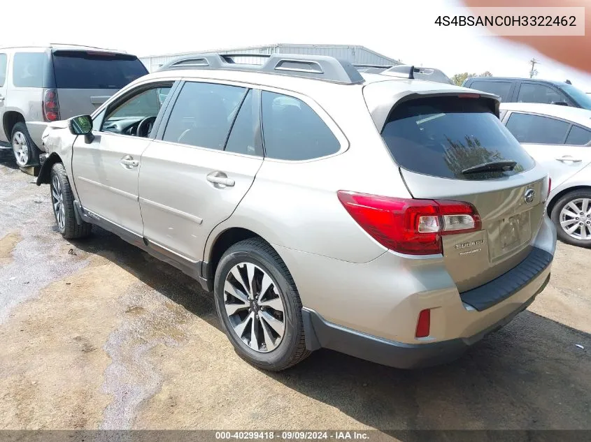 2017 Subaru Outback 2.5I Limited VIN: 4S4BSANC0H3322462 Lot: 40299418