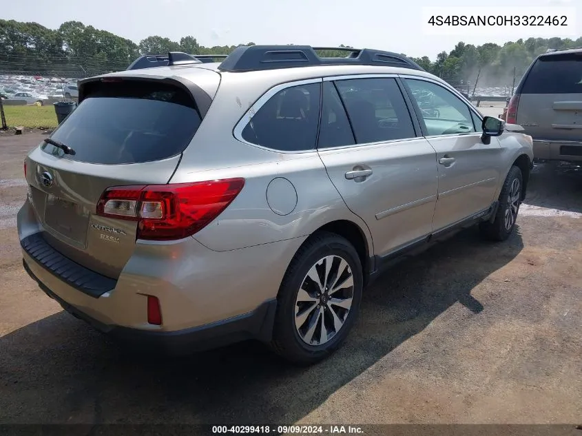 2017 Subaru Outback 2.5I Limited VIN: 4S4BSANC0H3322462 Lot: 40299418