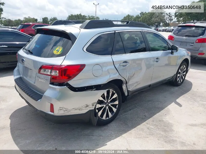 2017 Subaru Outback 2.5I Limited VIN: 4S4BSANC0H3350648 Lot: 40364219