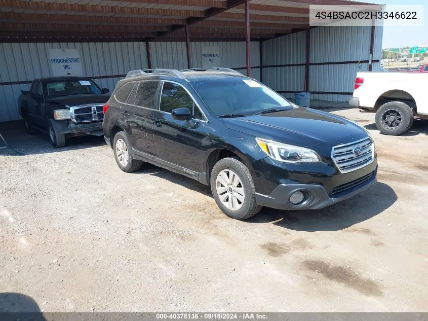 2017 Subaru Outback 2.5I Premium VIN: 4S4BSACC2H3346622 Lot: 40378136