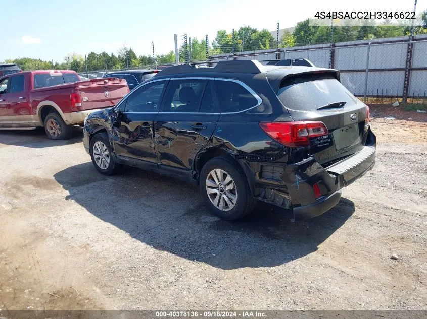 2017 Subaru Outback 2.5I Premium VIN: 4S4BSACC2H3346622 Lot: 40378136