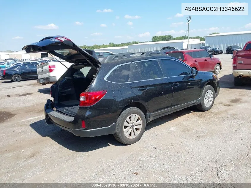 2017 Subaru Outback 2.5I Premium VIN: 4S4BSACC2H3346622 Lot: 40378136