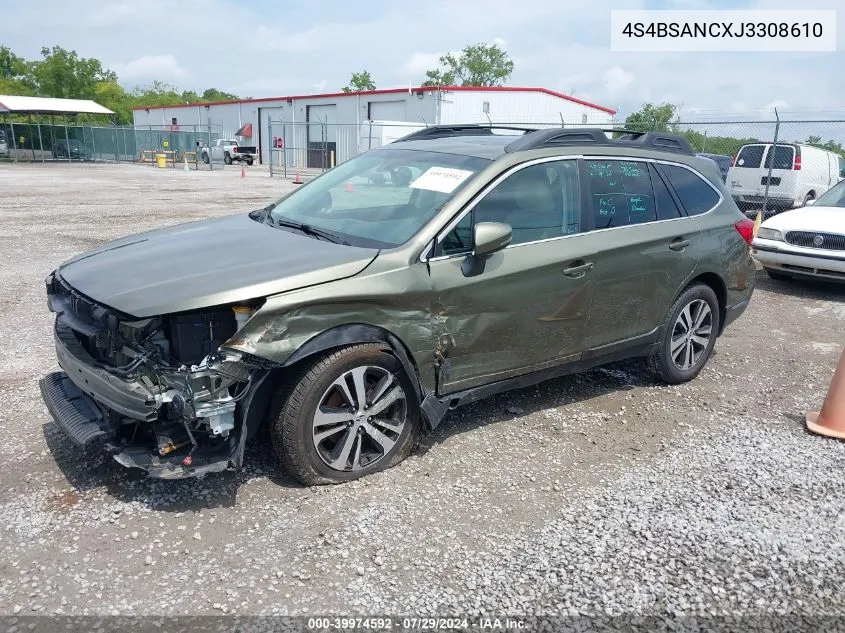 2018 Subaru Outback 2.5I Limited VIN: 4S4BSANCXJ3308610 Lot: 39974592