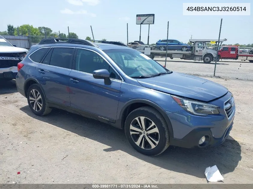 2018 Subaru Outback 2.5I Limited VIN: 4S4BSANC3J3260514 Lot: 39981771