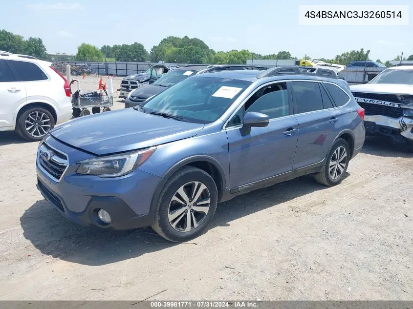 2018 Subaru Outback 2.5I Limited VIN: 4S4BSANC3J3260514 Lot: 39981771