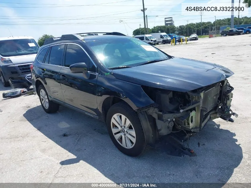 2018 Subaru Outback 2.5I Premium VIN: 4S4BSACC8J3322900 Lot: 40006508