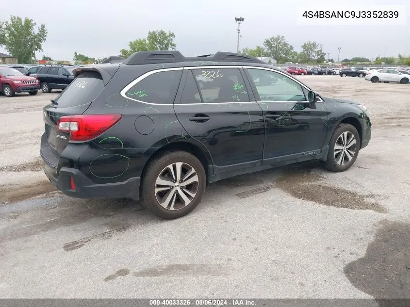 2018 Subaru Outback 2.5I Limited VIN: 4S4BSANC9J3352839 Lot: 40033326