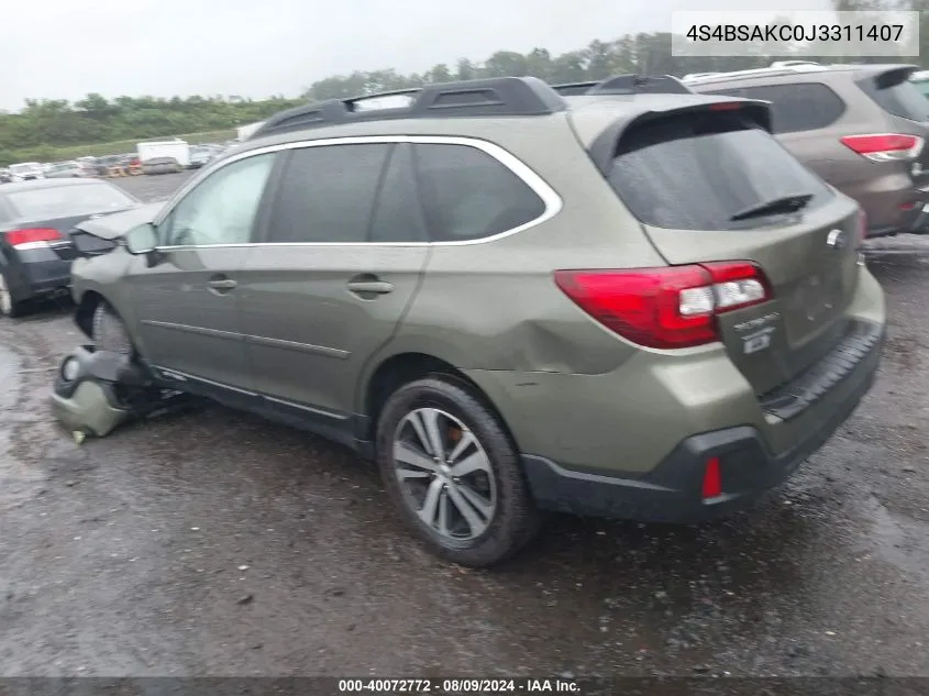 2018 Subaru Outback 2.5I Limited VIN: 4S4BSAKC0J3311407 Lot: 40072772