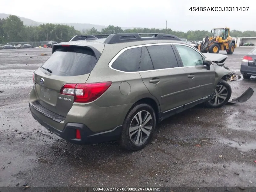 2018 Subaru Outback 2.5I Limited VIN: 4S4BSAKC0J3311407 Lot: 40072772