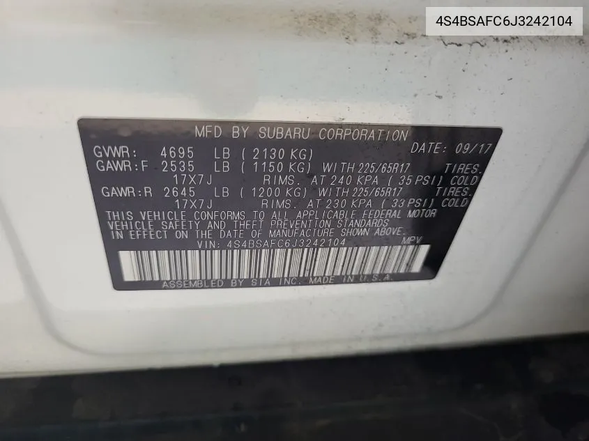 4S4BSAFC6J3242104 2018 Subaru Outback 2.5I Premium