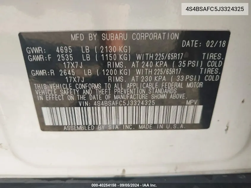 4S4BSAFC5J3324325 2018 Subaru Outback 2.5I Premium