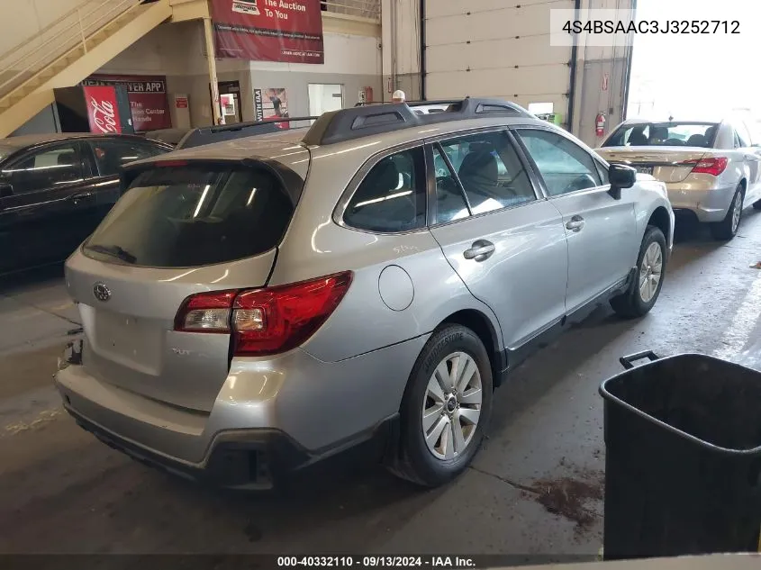 2018 Subaru Outback 2.5I VIN: 4S4BSAAC3J3252712 Lot: 40332110