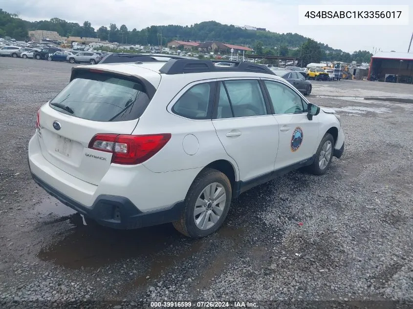 2019 Subaru Outback 2.5I VIN: 4S4BSABC1K3356017 Lot: 39916599