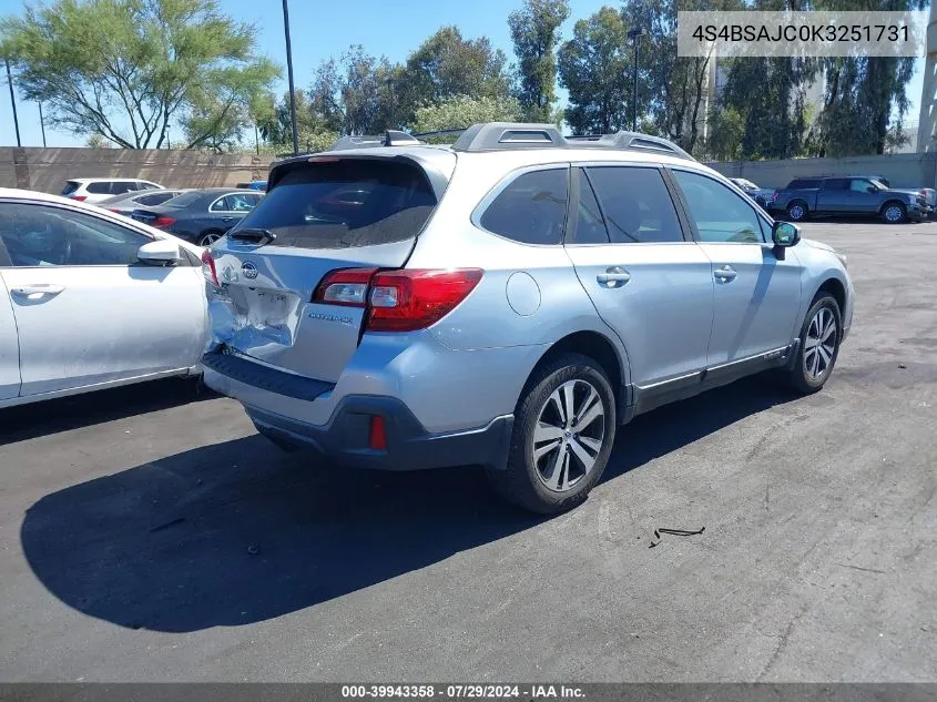 2019 Subaru Outback 2.5I Limited VIN: 4S4BSAJC0K3251731 Lot: 39943358