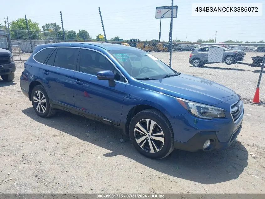 2019 Subaru Outback 2.5I Limited VIN: 4S4BSANC0K3386072 Lot: 39981775