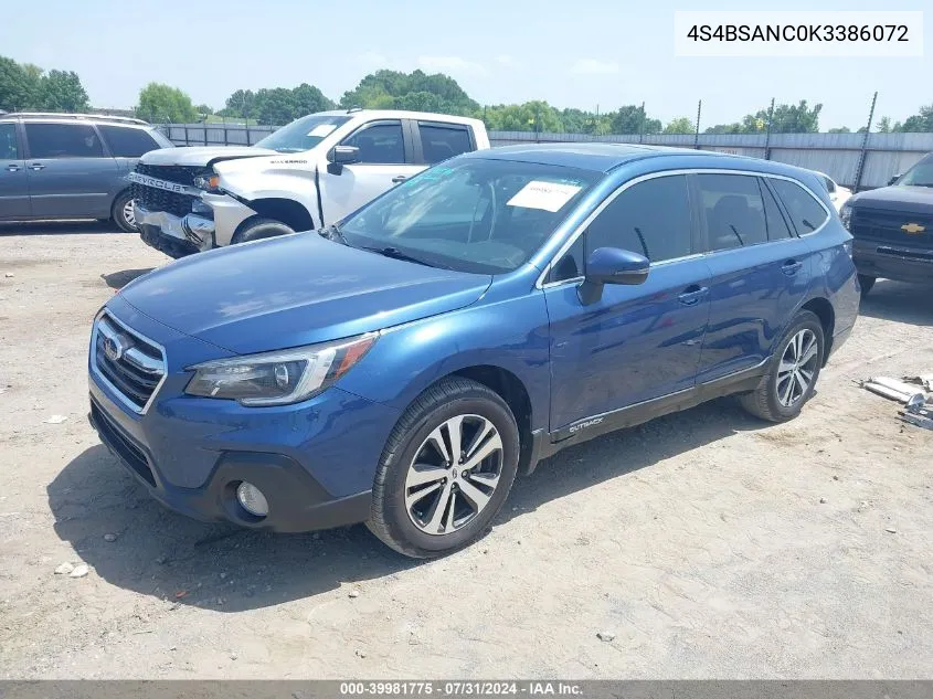 2019 Subaru Outback 2.5I Limited VIN: 4S4BSANC0K3386072 Lot: 39981775