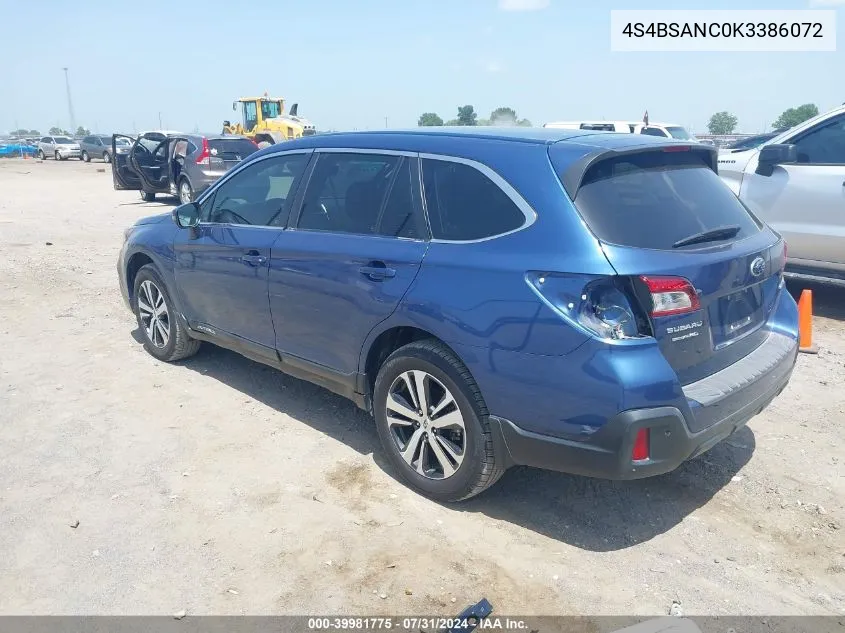 2019 Subaru Outback 2.5I Limited VIN: 4S4BSANC0K3386072 Lot: 39981775