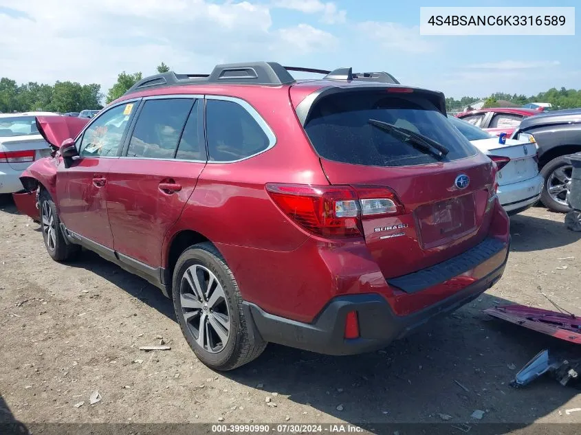 2019 Subaru Outback 2.5I Limited VIN: 4S4BSANC6K3316589 Lot: 39990990