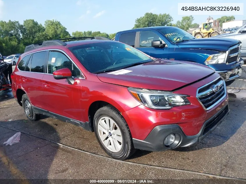 2019 Subaru Outback 2.5I Premium VIN: 4S4BSAHC8K3226940 Lot: 40000099