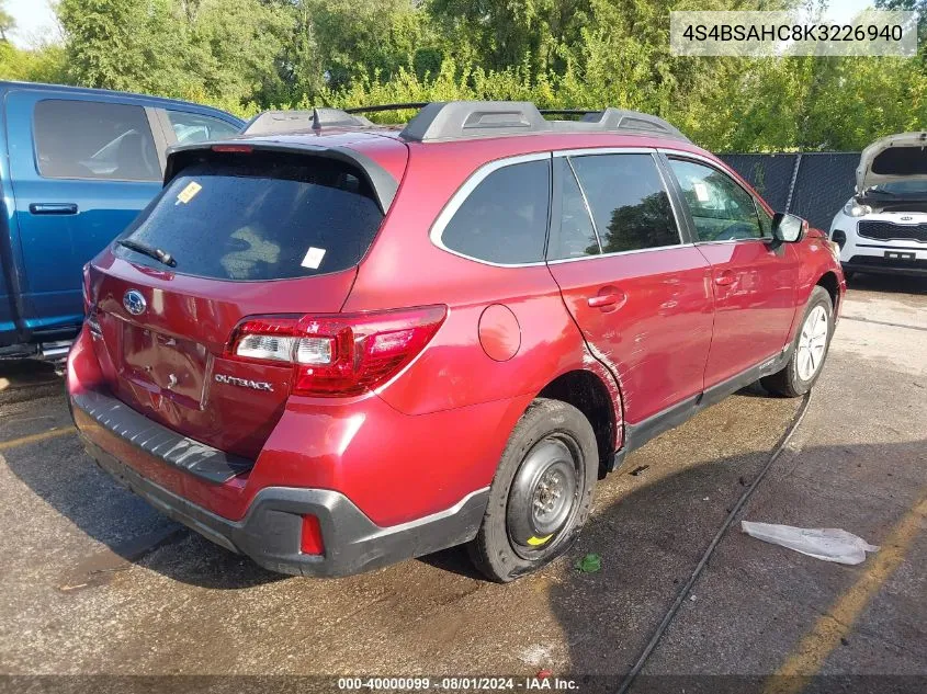 2019 Subaru Outback 2.5I Premium VIN: 4S4BSAHC8K3226940 Lot: 40000099