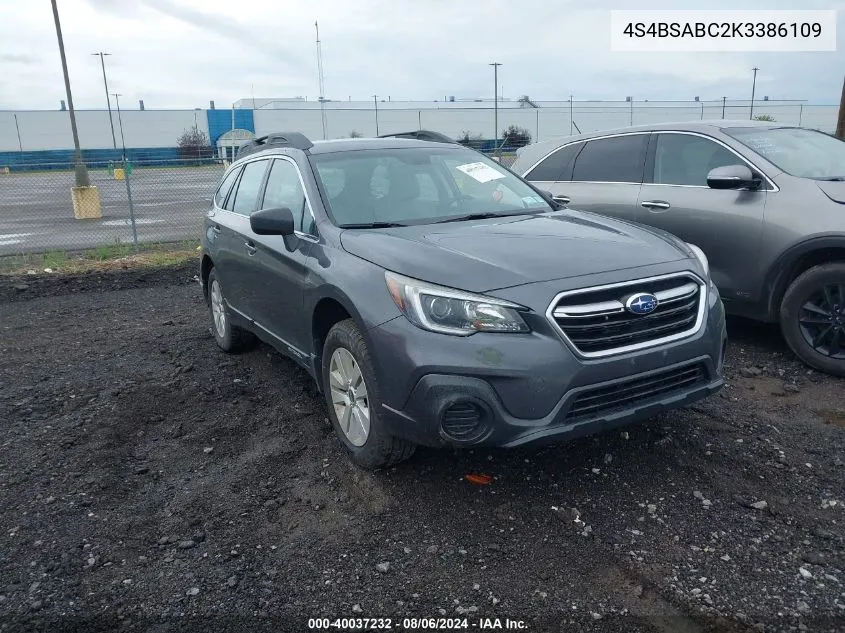 2019 Subaru Outback 2.5I VIN: 4S4BSABC2K3386109 Lot: 40037232