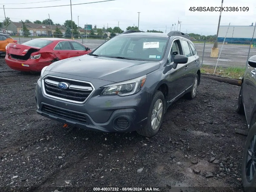 2019 Subaru Outback 2.5I VIN: 4S4BSABC2K3386109 Lot: 40037232