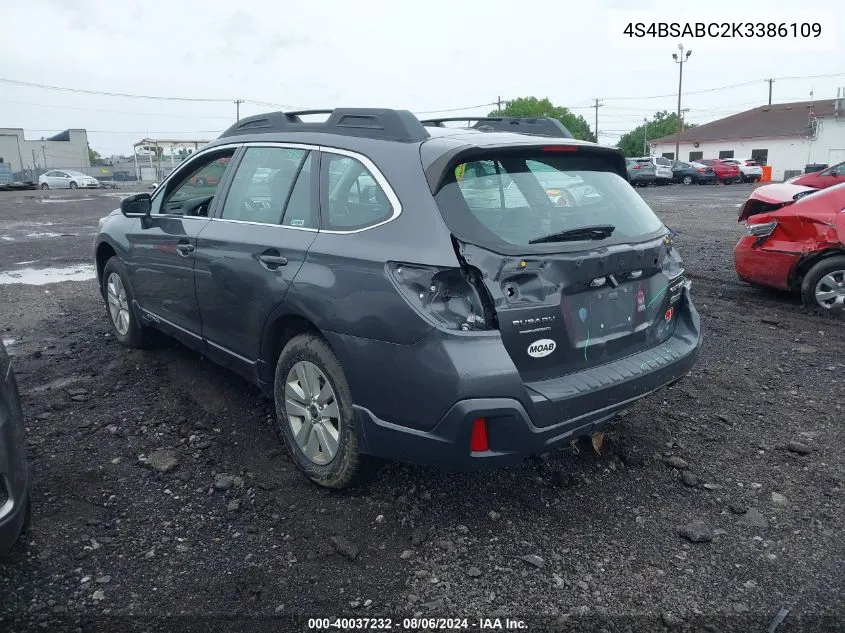 2019 Subaru Outback 2.5I VIN: 4S4BSABC2K3386109 Lot: 40037232