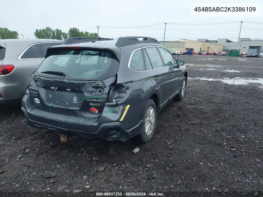 2019 Subaru Outback 2.5I VIN: 4S4BSABC2K3386109 Lot: 40037232