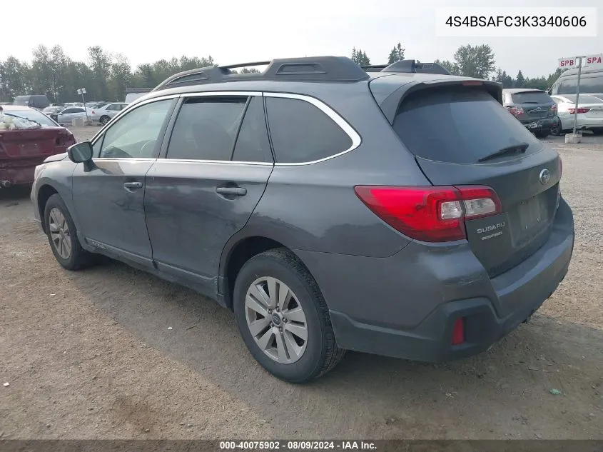 2019 Subaru Outback 2.5I Premium VIN: 4S4BSAFC3K3340606 Lot: 40075902