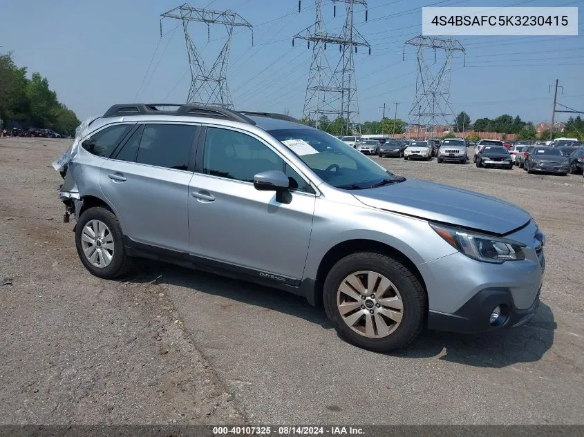 2019 Subaru Outback 2.5I Premium VIN: 4S4BSAFC5K3230415 Lot: 40107325