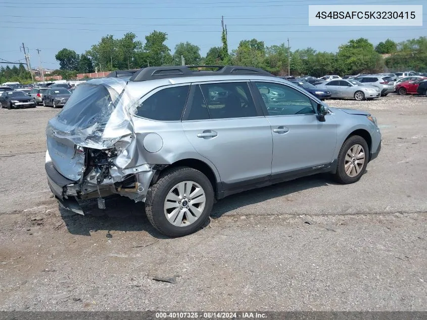 2019 Subaru Outback 2.5I Premium VIN: 4S4BSAFC5K3230415 Lot: 40107325