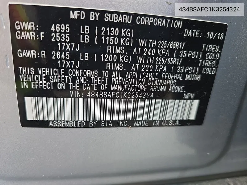 4S4BSAFC1K3254324 2019 Subaru Outback 2.5I Premium