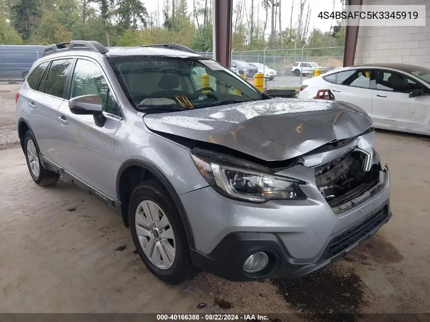 2019 Subaru Outback 2.5I Premium VIN: 4S4BSAFC5K3345919 Lot: 40166388