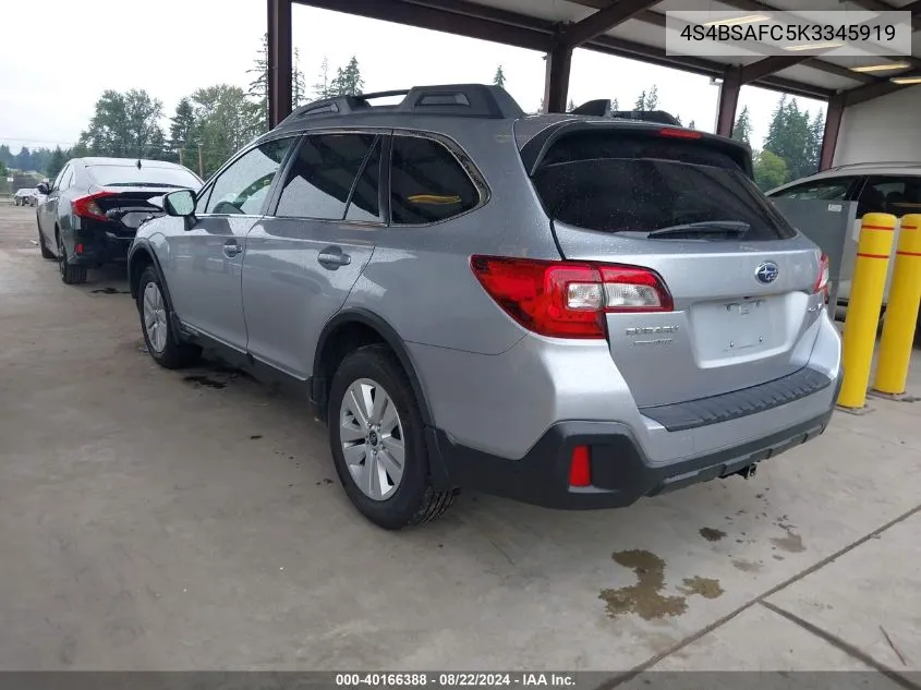 2019 Subaru Outback 2.5I Premium VIN: 4S4BSAFC5K3345919 Lot: 40166388